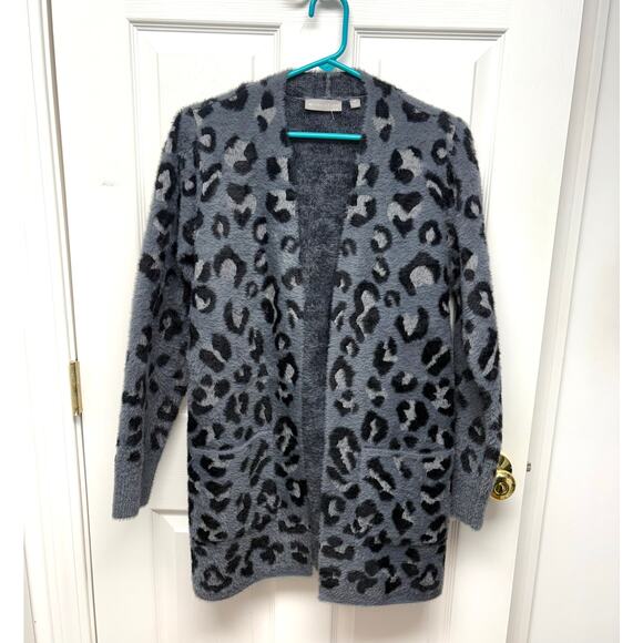 Evolution by Cyrus Gray Fuzzy Sweater, Animal Print Cardigan, Women Size M, NWOT - Picture 1 of 5